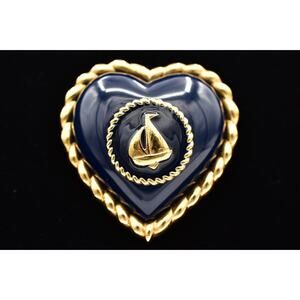 Vintage Heart Sail Boat Nautical Pin Brooch Chunky Heavy Navy Blue Gold BinAL